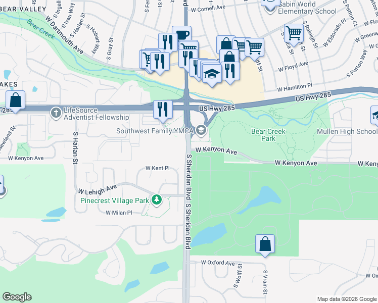 map of restaurants, bars, coffee shops, grocery stores, and more near 5181 West Kenyon Avenue in Denver