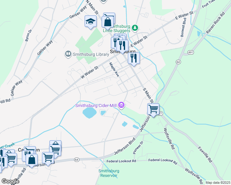map of restaurants, bars, coffee shops, grocery stores, and more near 6 Schaller Lane in Smithsburg