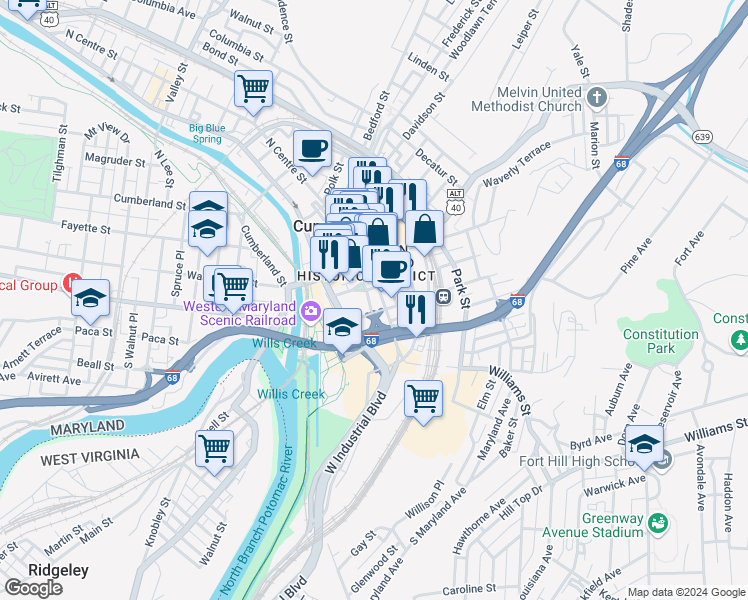 map of restaurants, bars, coffee shops, grocery stores, and more near in Cumberland