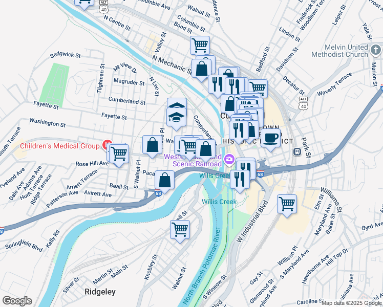 map of restaurants, bars, coffee shops, grocery stores, and more near 28 Washington Street in Cumberland