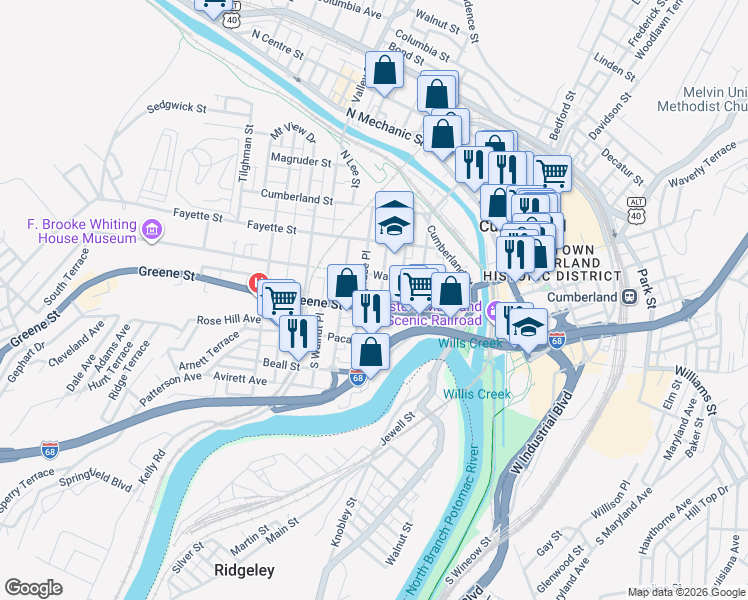 map of restaurants, bars, coffee shops, grocery stores, and more near 218 Washington Street in Cumberland