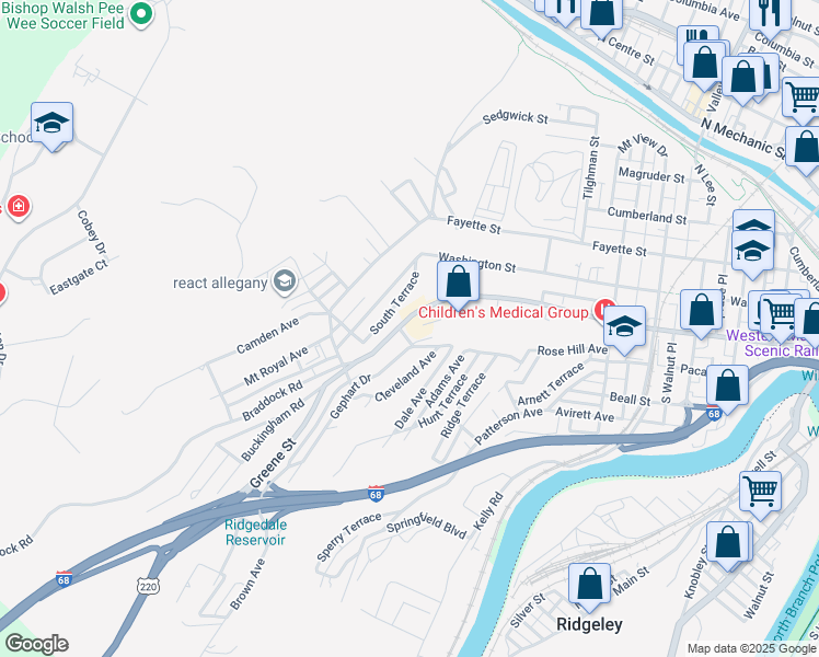 map of restaurants, bars, coffee shops, grocery stores, and more near 717 Greene Street in Cumberland