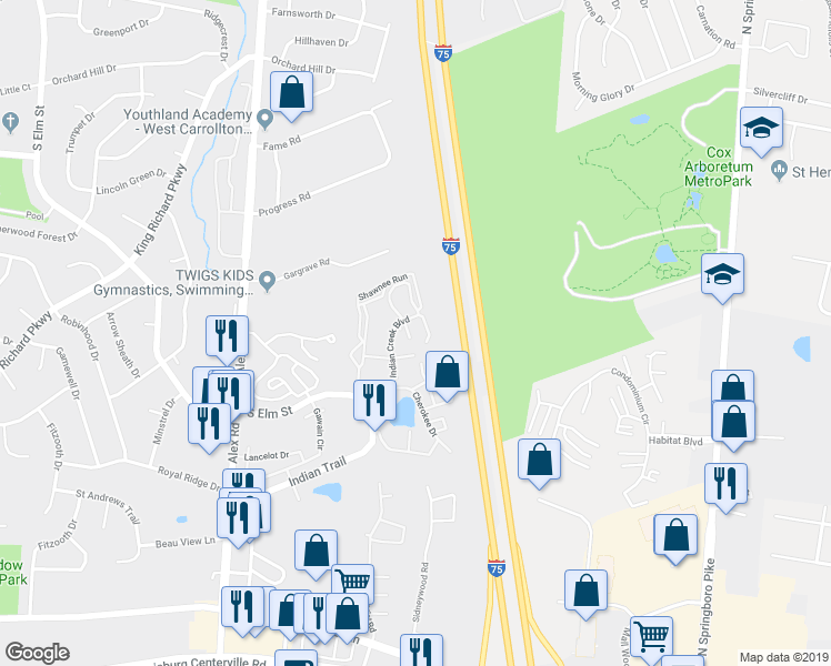 map of restaurants, bars, coffee shops, grocery stores, and more near 1141 Shawnee Run in West Carrollton