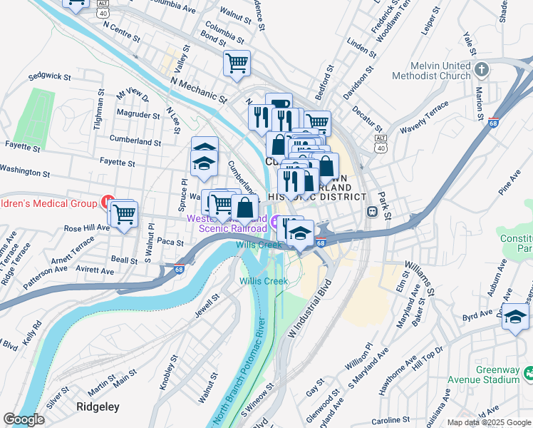 map of restaurants, bars, coffee shops, grocery stores, and more near 18 Greene Street in Cumberland