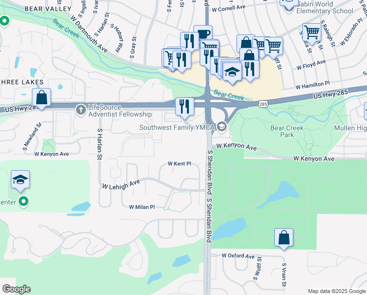 map of restaurants, bars, coffee shops, grocery stores, and more near 3663 South Sheridan Boulevard in Denver