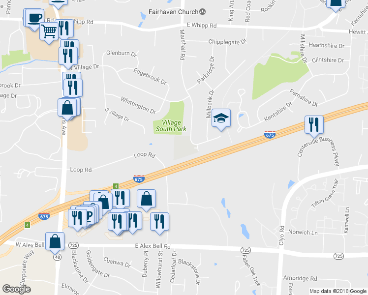 map of restaurants, bars, coffee shops, grocery stores, and more near 6450 North Marshall Road in Dayton