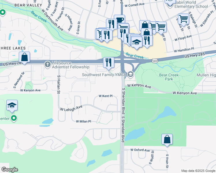 map of restaurants, bars, coffee shops, grocery stores, and more near 3663 South Sheridan Boulevard in Denver