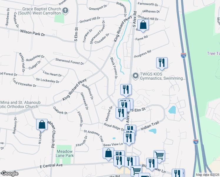 map of restaurants, bars, coffee shops, grocery stores, and more near 1322 South Elm Street in Dayton