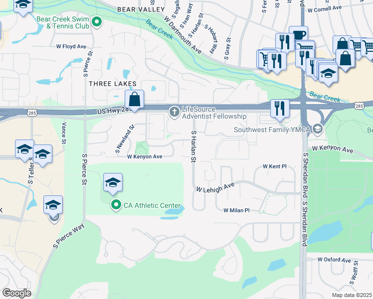 map of restaurants, bars, coffee shops, grocery stores, and more near 3601 South Harlan Street in Denver