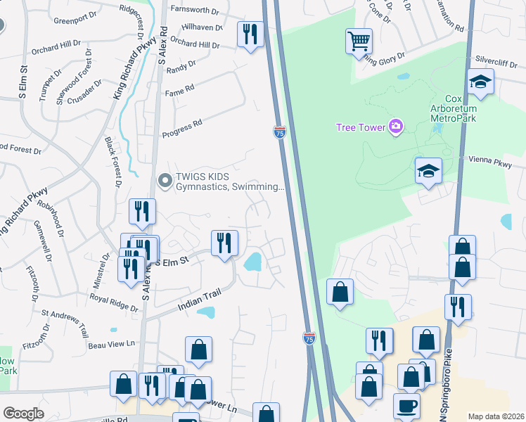 map of restaurants, bars, coffee shops, grocery stores, and more near 1141 Shawnee Run in West Carrollton