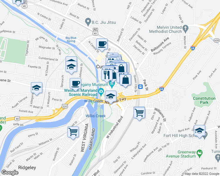 map of restaurants, bars, coffee shops, grocery stores, and more near 3 Pershing Street in Cumberland