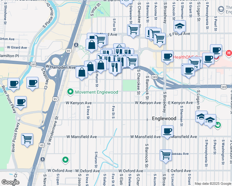 map of restaurants, bars, coffee shops, grocery stores, and more near 3615 South Elati Street in Englewood