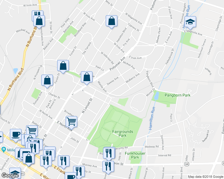 map of restaurants, bars, coffee shops, grocery stores, and more near 813 Mulberry Avenue in Hagerstown