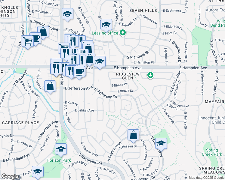 map of restaurants, bars, coffee shops, grocery stores, and more near 19035 East Ithaca Place in Aurora