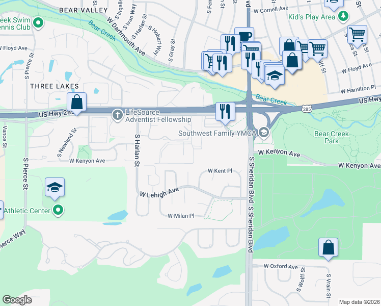 map of restaurants, bars, coffee shops, grocery stores, and more near 3656 South Depew Street in Lakewood