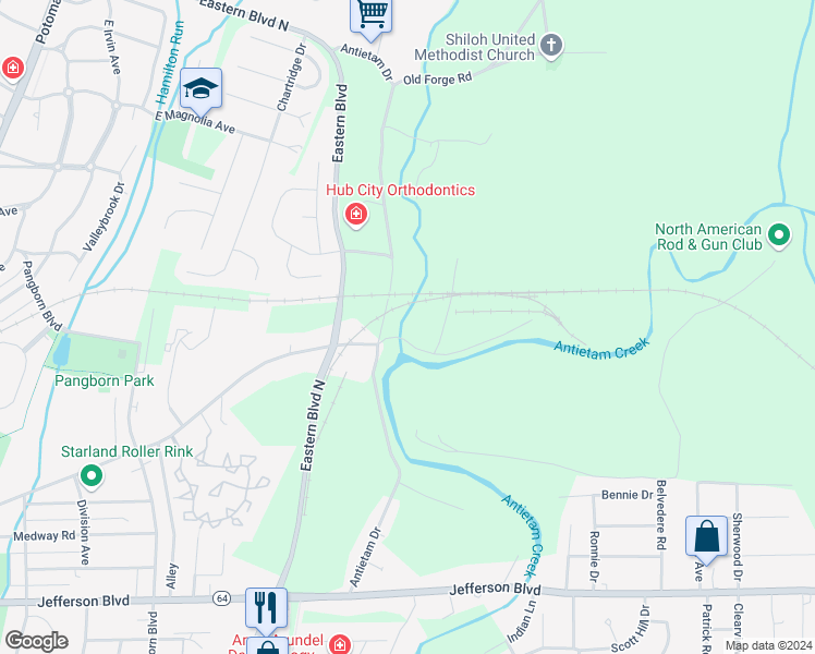 map of restaurants, bars, coffee shops, grocery stores, and more near 1210 Security Road in Hagerstown