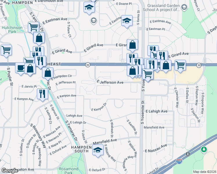 map of restaurants, bars, coffee shops, grocery stores, and more near 8500 East Jefferson Avenue in Denver