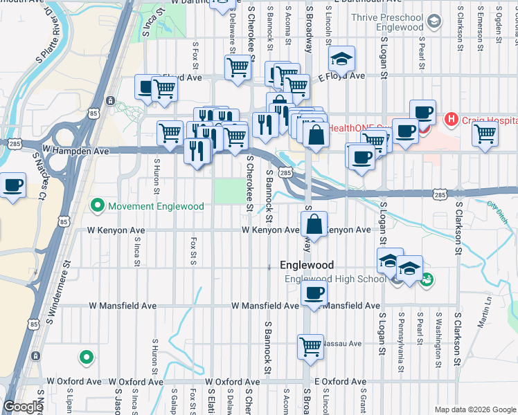 map of restaurants, bars, coffee shops, grocery stores, and more near 3638 South Cherokee Street in Englewood