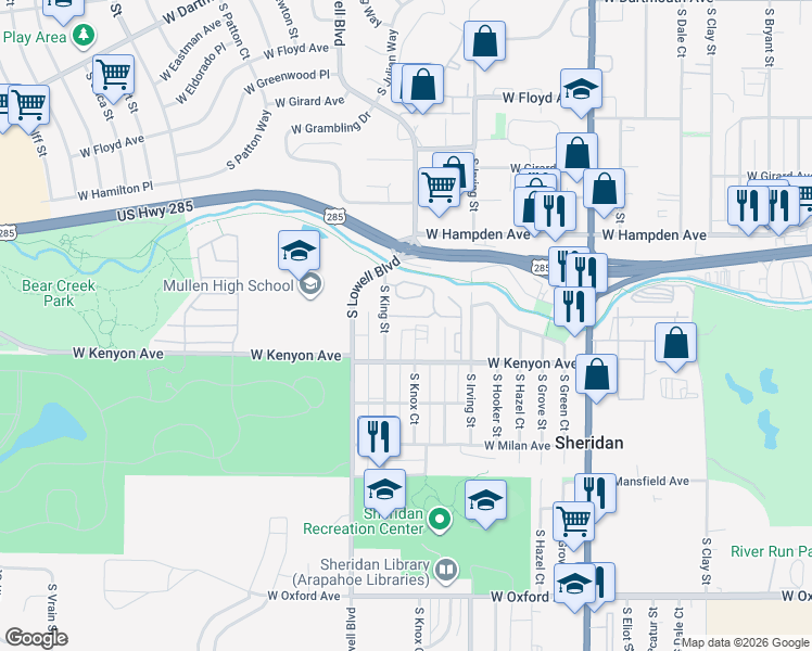 map of restaurants, bars, coffee shops, grocery stores, and more near 3500 South King Street in Denver