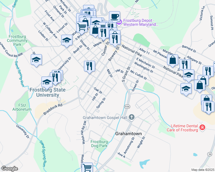 map of restaurants, bars, coffee shops, grocery stores, and more near 32 Hill Street in Frostburg