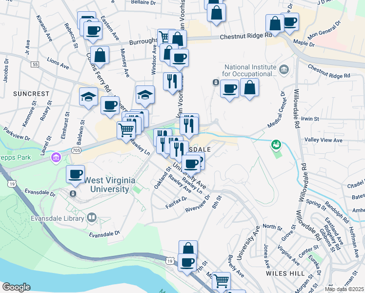 map of restaurants, bars, coffee shops, grocery stores, and more near 453 Oakland Street in Morgantown