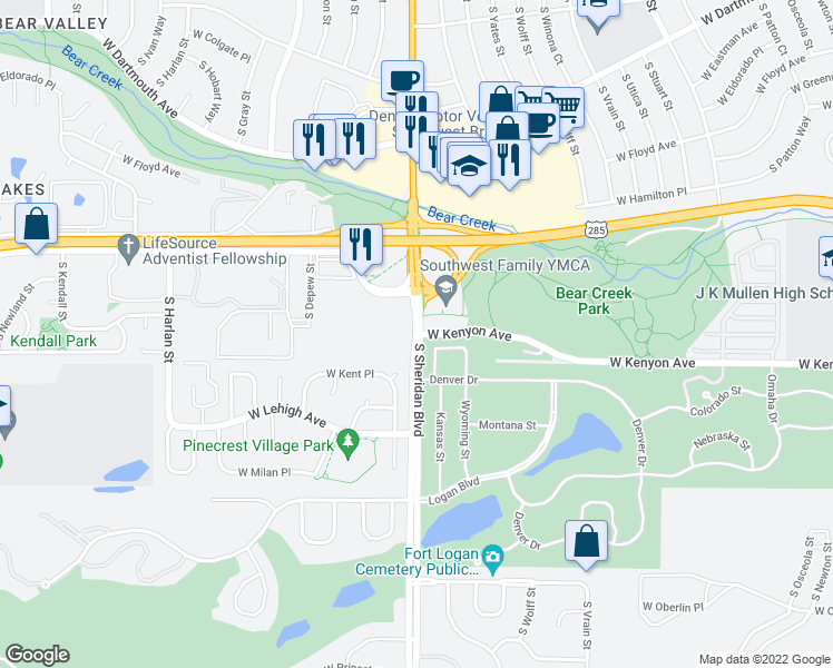 map of restaurants, bars, coffee shops, grocery stores, and more near South Sheridan Boulevard & West Kenyon Avenue in Denver