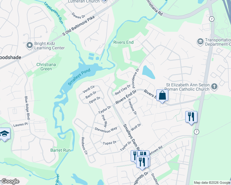 map of restaurants, bars, coffee shops, grocery stores, and more near 727 Pine Creek Lane in Bear