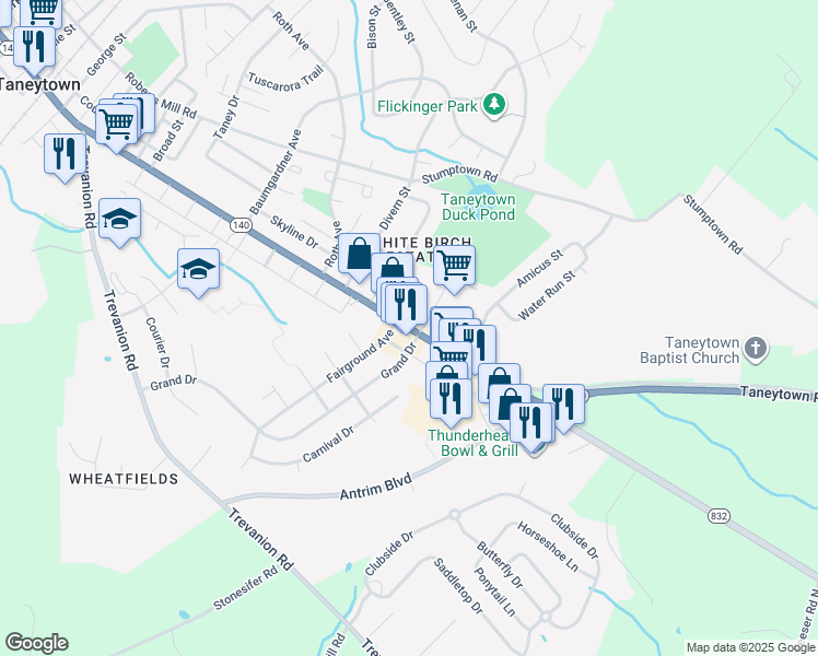map of restaurants, bars, coffee shops, grocery stores, and more near 511 East Baltimore Street in Taneytown