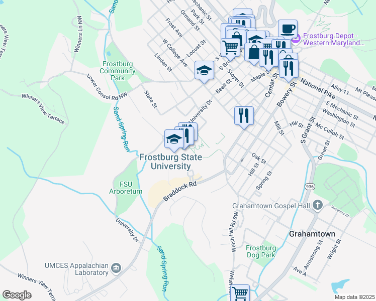 map of restaurants, bars, coffee shops, grocery stores, and more near in Frostburg