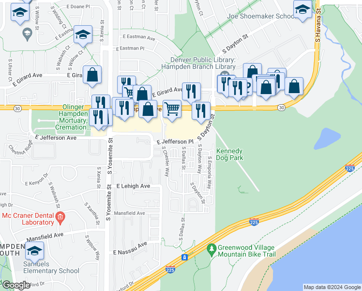 map of restaurants, bars, coffee shops, grocery stores, and more near 3601 South Dallas Street in Aurora