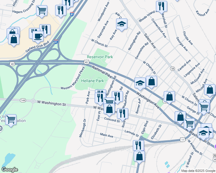 map of restaurants, bars, coffee shops, grocery stores, and more near 69 Nottingham Road in Hagerstown