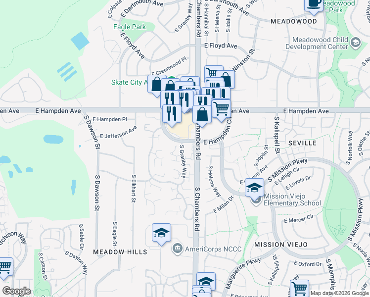 map of restaurants, bars, coffee shops, grocery stores, and more near 15202 East Hampden Circle in Aurora