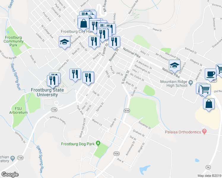 map of restaurants, bars, coffee shops, grocery stores, and more near 164 East College Avenue in Frostburg