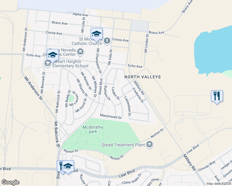 map of restaurants, bars, coffee shops, grocery stores, and more near 14436 Leiden Drive in Reno