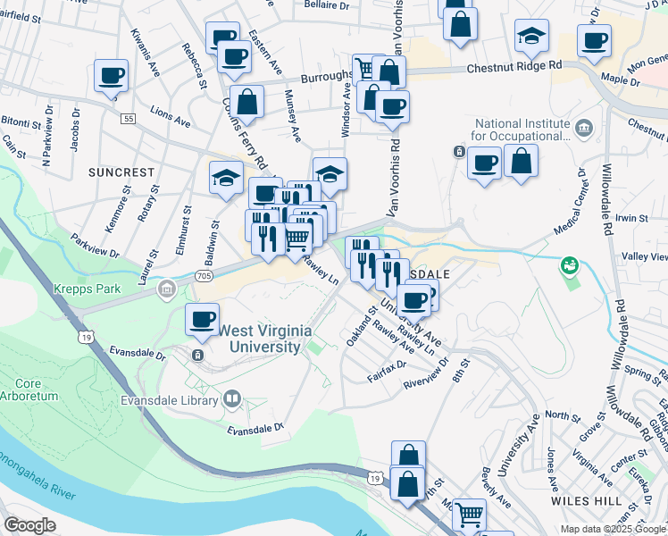 map of restaurants, bars, coffee shops, grocery stores, and more near 452 Country Club Drive in Morgantown