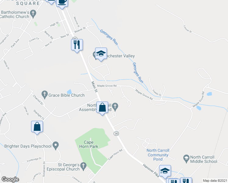 map of restaurants, bars, coffee shops, grocery stores, and more near 3321 Maple Grove Road in Manchester
