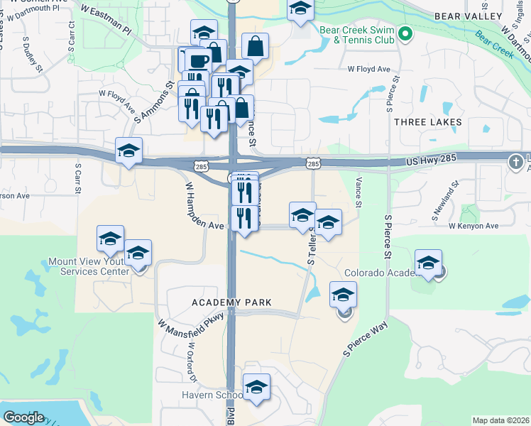map of restaurants, bars, coffee shops, grocery stores, and more near 7393 West Jefferson Avenue in Lakewood