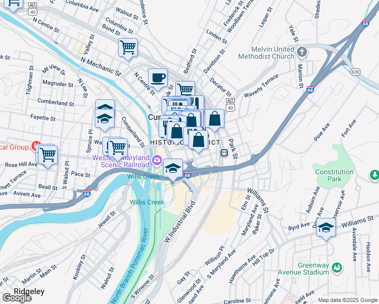 map of restaurants, bars, coffee shops, grocery stores, and more near 107 South Centre Street in Cumberland