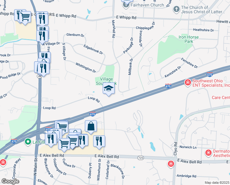 map of restaurants, bars, coffee shops, grocery stores, and more near 6450 North Marshall Road in Dayton