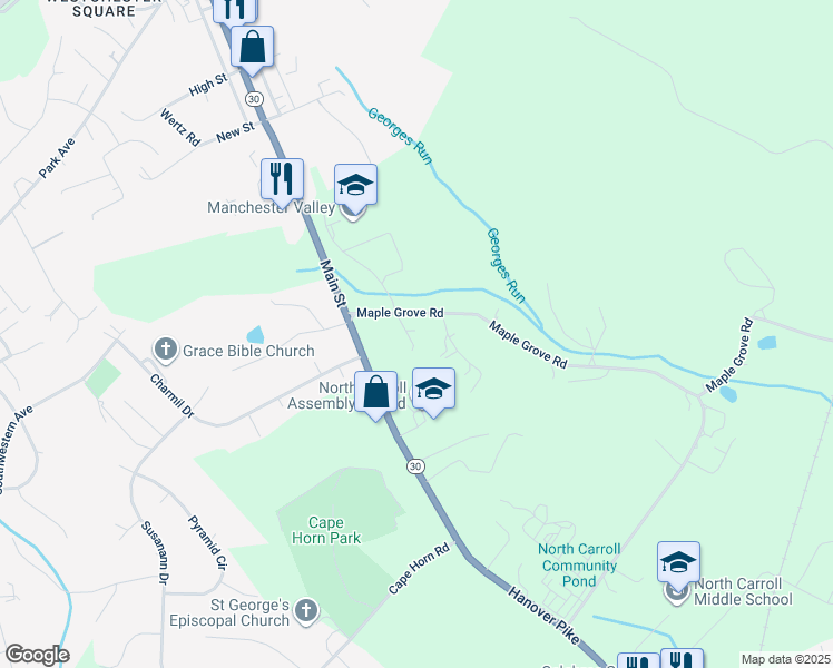 map of restaurants, bars, coffee shops, grocery stores, and more near 3321 Maple Grove Road in Manchester