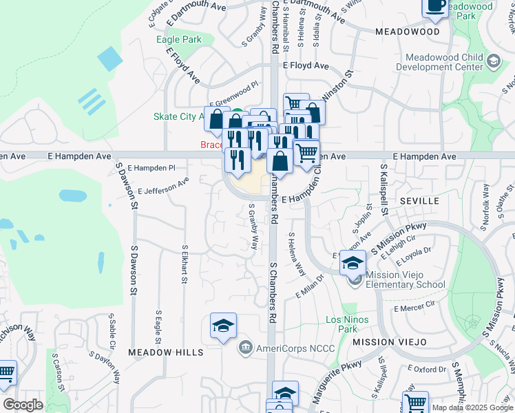 map of restaurants, bars, coffee shops, grocery stores, and more near 15202 East Hampden Circle in Aurora