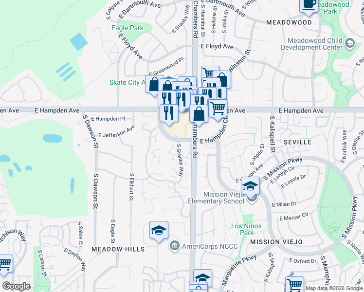 map of restaurants, bars, coffee shops, grocery stores, and more near 15202 East Hampden Circle in Aurora