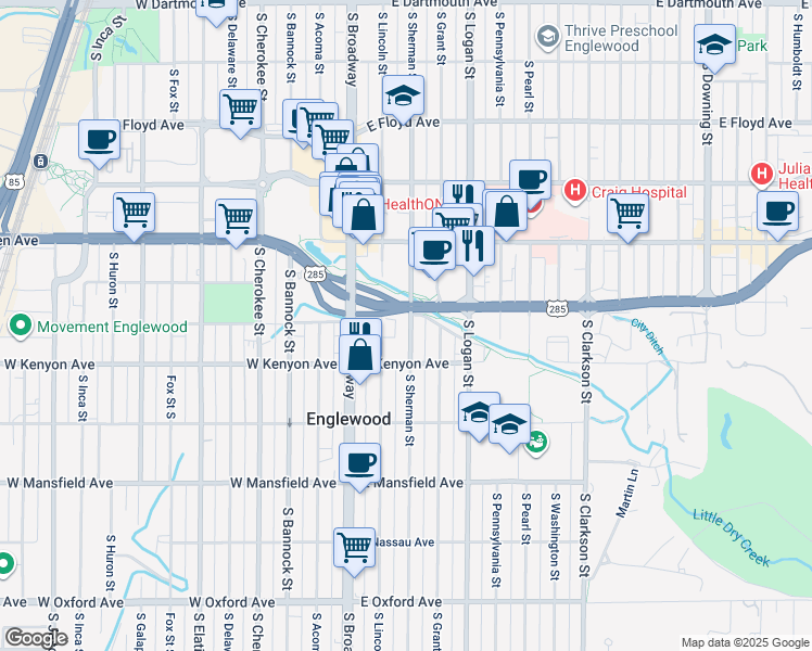 map of restaurants, bars, coffee shops, grocery stores, and more near 3630 South Sherman Street in Englewood