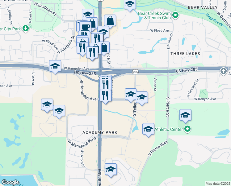 map of restaurants, bars, coffee shops, grocery stores, and more near 7393 West Jefferson Avenue in Lakewood