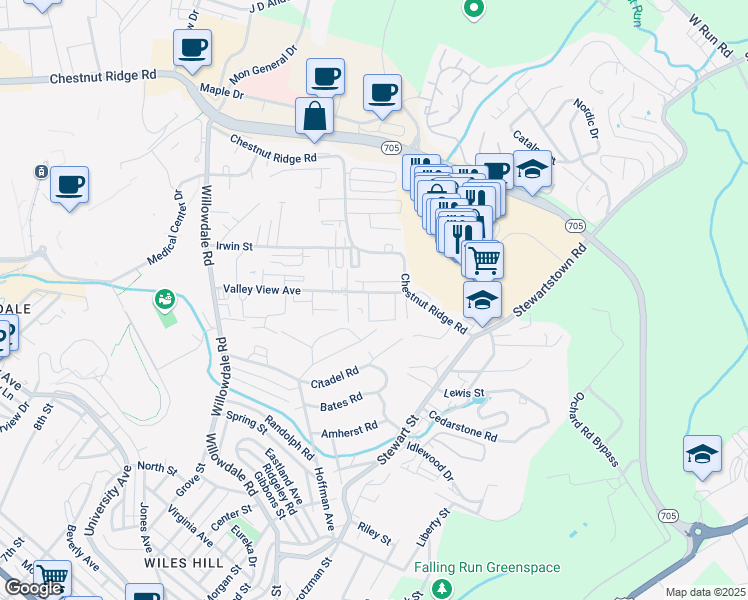 map of restaurants, bars, coffee shops, grocery stores, and more near 13 Ridgeview Street in Morgantown
