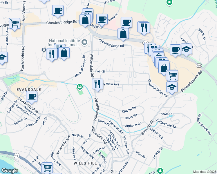 map of restaurants, bars, coffee shops, grocery stores, and more near 107 Stone Gate Circle in Morgantown