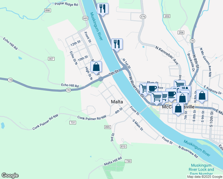 map of restaurants, bars, coffee shops, grocery stores, and more near 525 Front Street in Malta