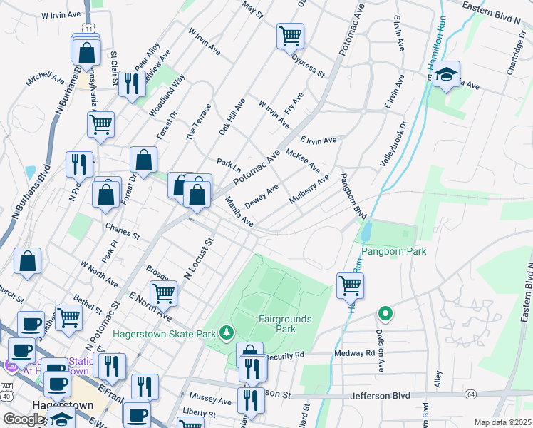 map of restaurants, bars, coffee shops, grocery stores, and more near 823 Mulberry Avenue in Hagerstown