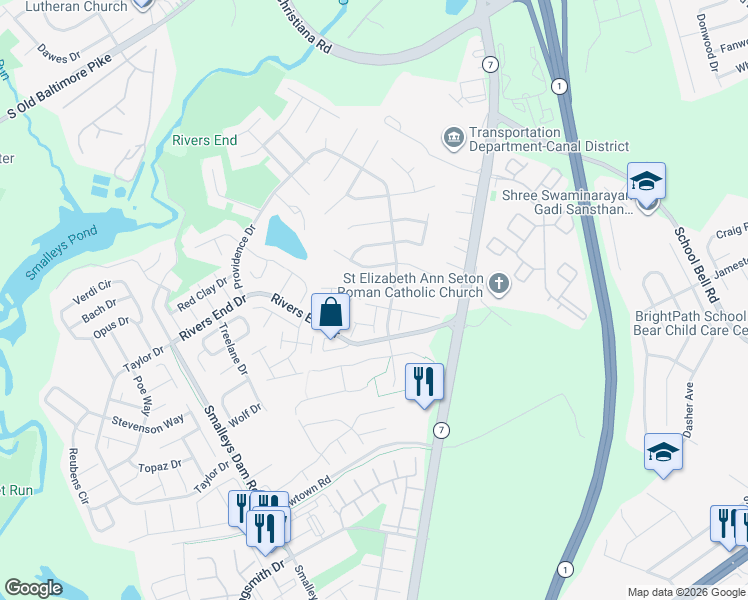 map of restaurants, bars, coffee shops, grocery stores, and more near 301 Pond View Lane in Bear