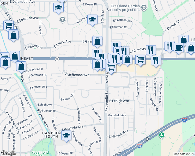map of restaurants, bars, coffee shops, grocery stores, and more near 3614 South Xenia Street in Denver